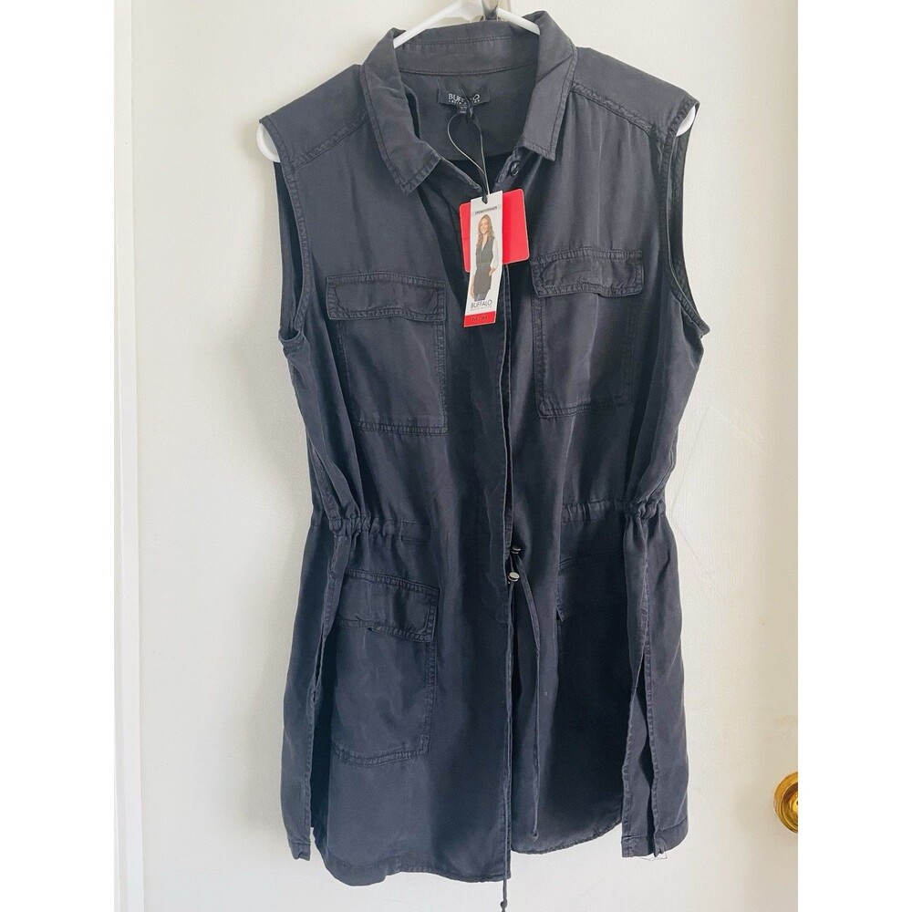 Buffalo David Bitton Black Solid Shirt Dress Collared Button Pockets Short M